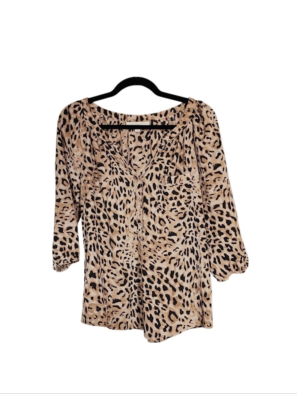 LOFT Leopard Print Henley Blouse - Beige & Black